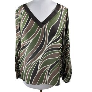 Elie Tahari Women's SZ L Luxury Silk Sheer‎ Patterned Blouse Green Brown White
